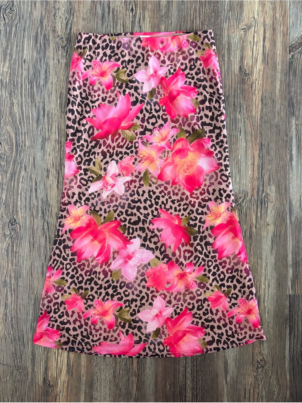No Boundaries Mesh Maxi Skirt Lg 12-14 Pink Floral Leopard Print Lined Elastic